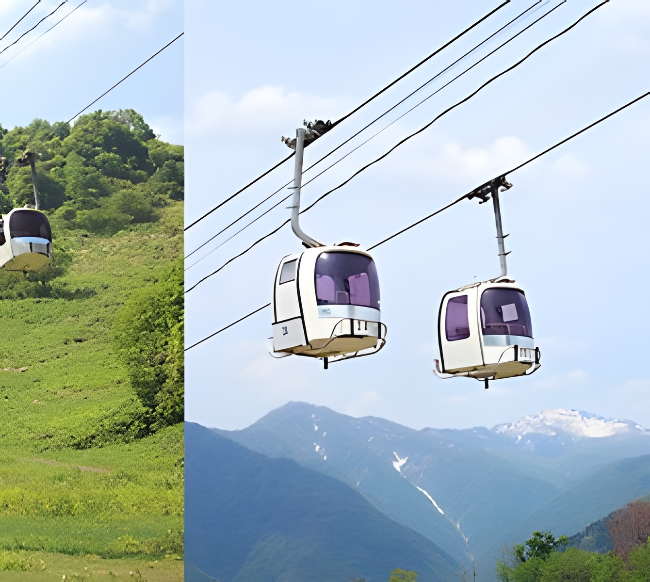 Gondola cabins climbing over green mountains toward snow-capped peaks.