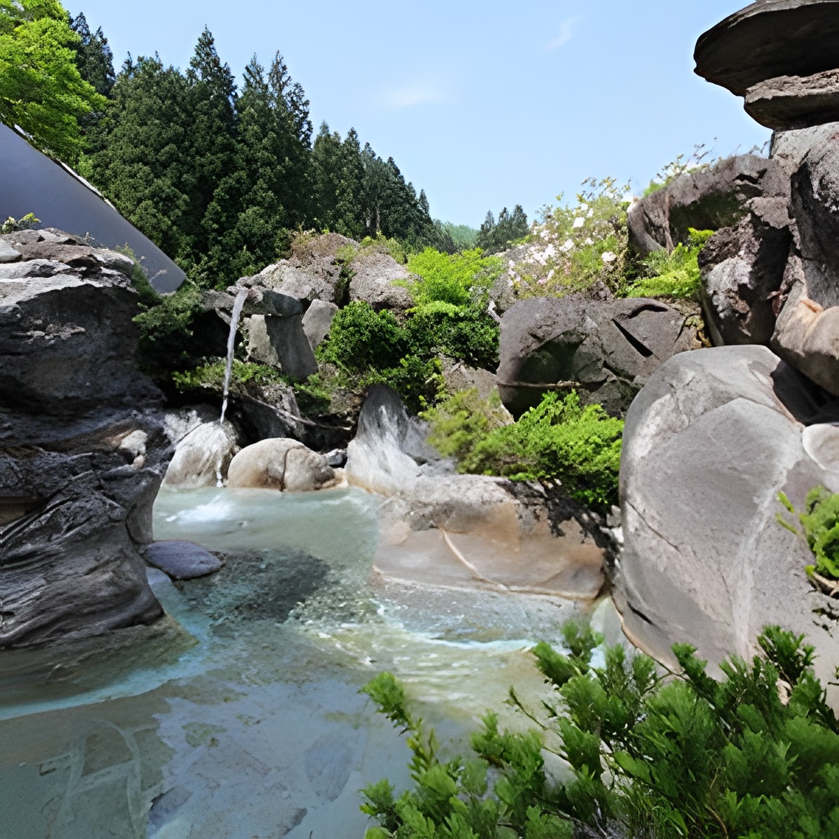 A natural rock-lined hot spring pool with clear blue water beneath a bright sky.