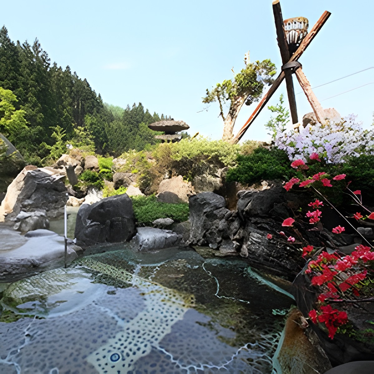 A landscaped hot spring bath framed by blooming azaleas and mountain greenery.